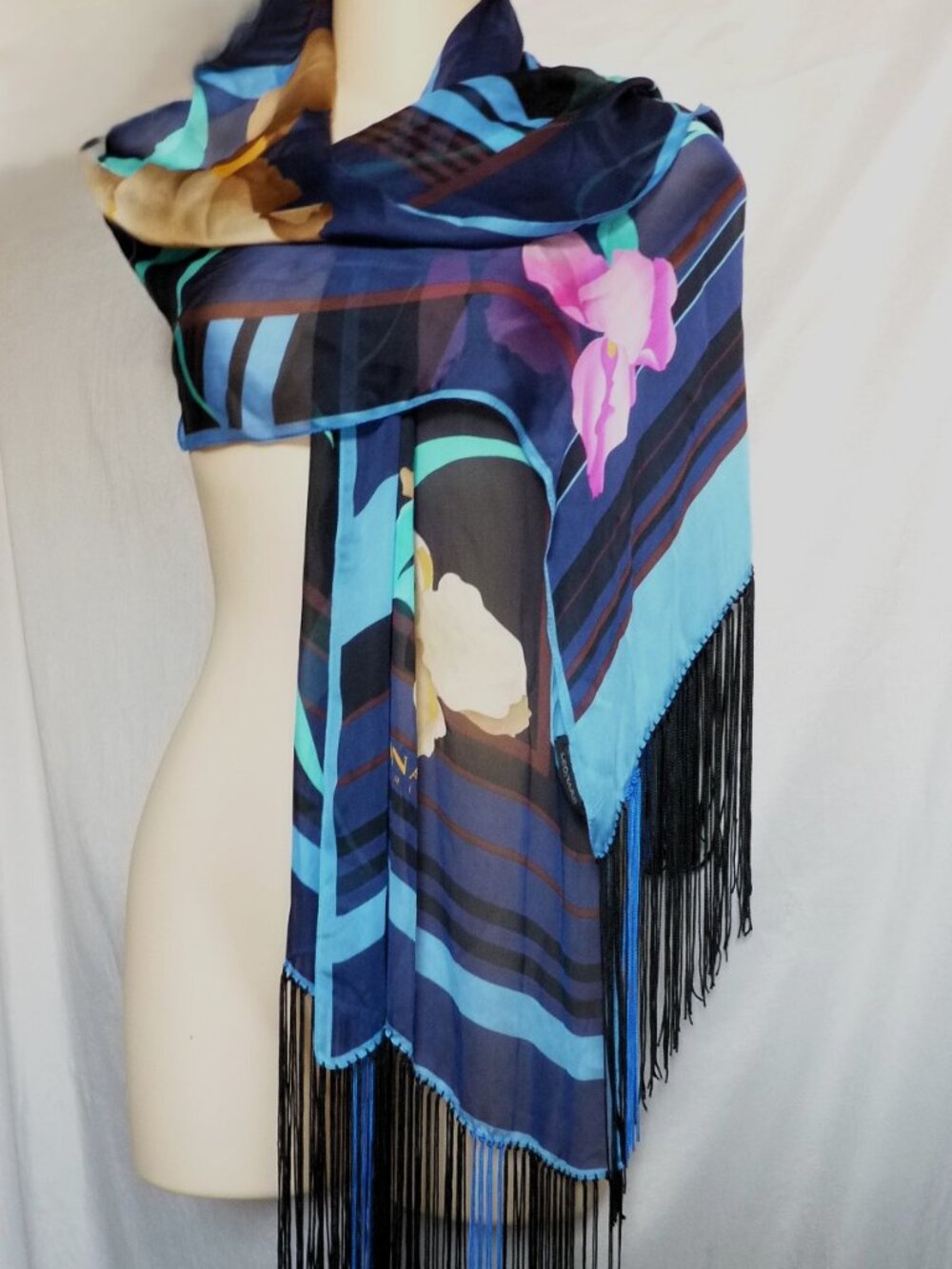 Leonard Paris Floral chiffon silk scarf w/fringe
